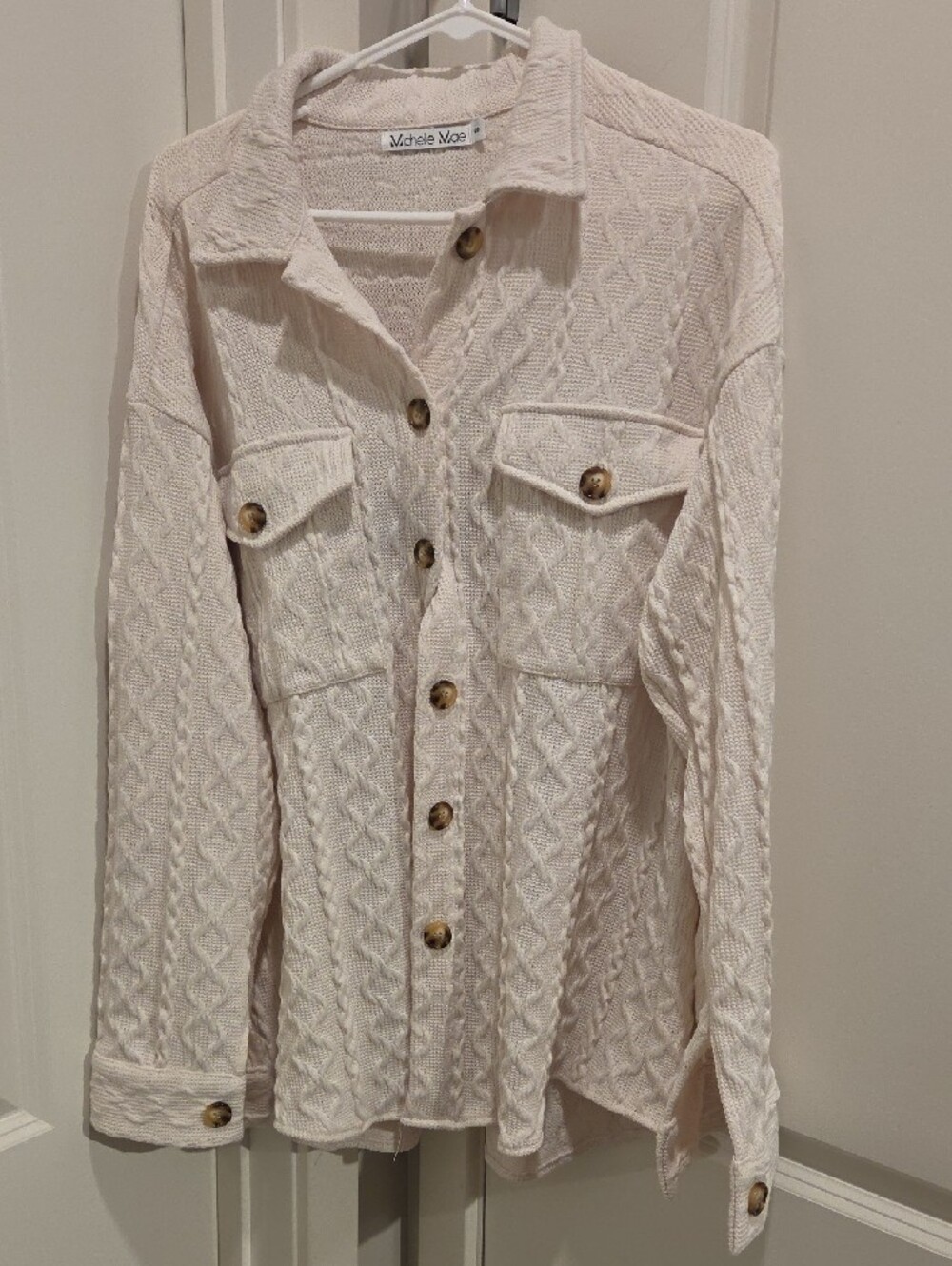 Michelle Mae Shacket Off-White Cable Knit Button-Up